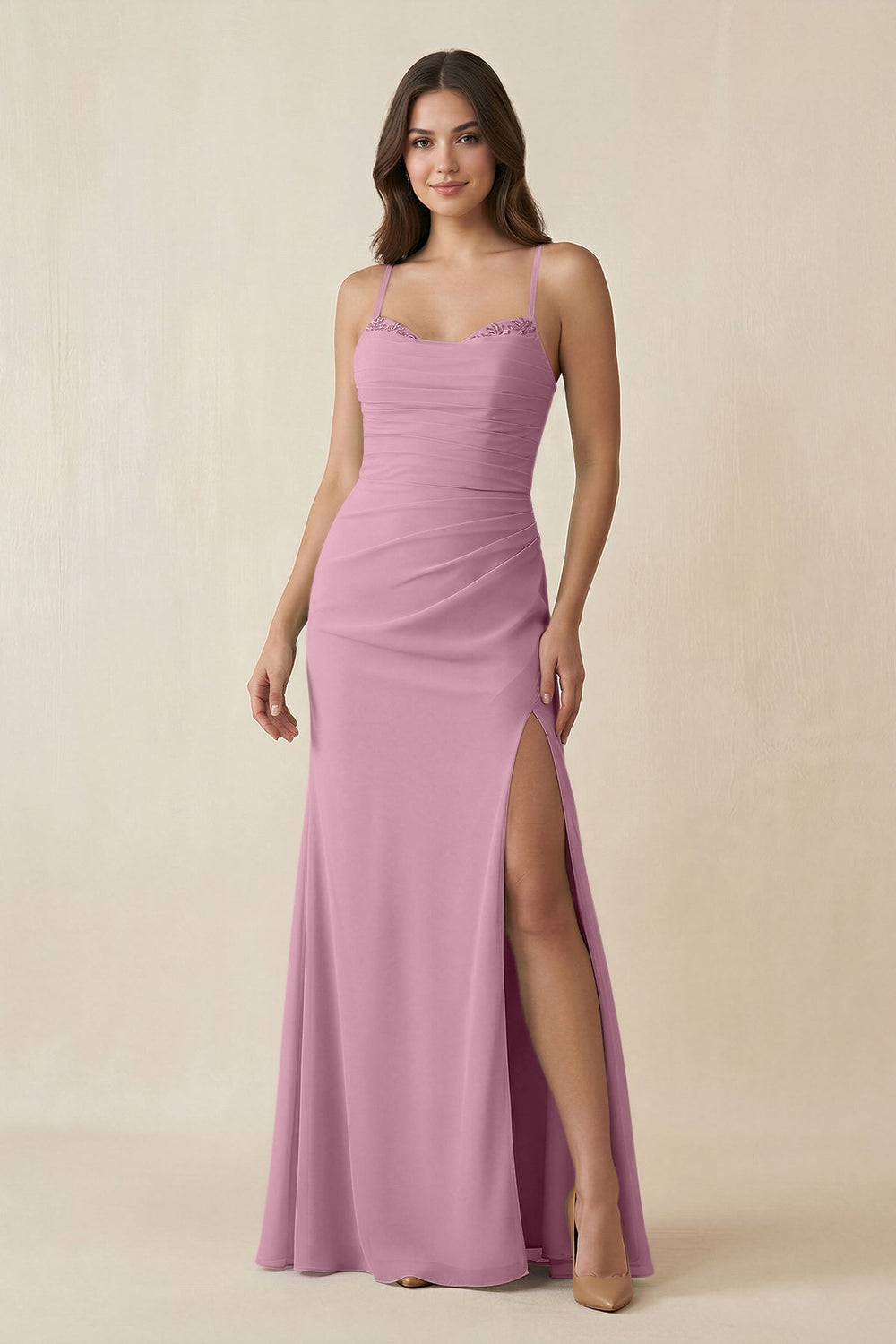 Cami Strap Sheath Chiffon Bridesmaid Dress with Slit in Vintage Mauve - KissProm Bridesmaid Dresses