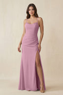 Cami Strap Sheath Chiffon Bridesmaid Dress with Slit in Vintage Mauve - KissProm Bridesmaid Dresses
