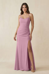 Cami Strap Sheath Chiffon Bridesmaid Dress with Slit in Vintage Mauve - KissProm Bridesmaid Dresses