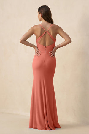 Cami Strap Sheath Chiffon Bridesmaid Dress with Slit in Wild Rose - KissProm Bridesmaid Dresses