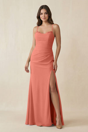 Cami Strap Sheath Chiffon Bridesmaid Dress with Slit in Wild Rose - KissProm Bridesmaid Dresses