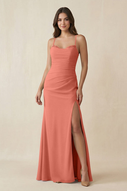 Cami Strap Sheath Chiffon Bridesmaid Dress with Slit in Wild Rose - KissProm Bridesmaid Dresses