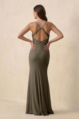 Cami Strap Sheath Chiffon Bridesmaid Dress with Slit in Willow Green - KissProm Bridesmaid Dresses