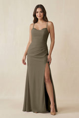 Cami Strap Sheath Chiffon Bridesmaid Dress with Slit in Willow Green - KissProm Bridesmaid Dresses