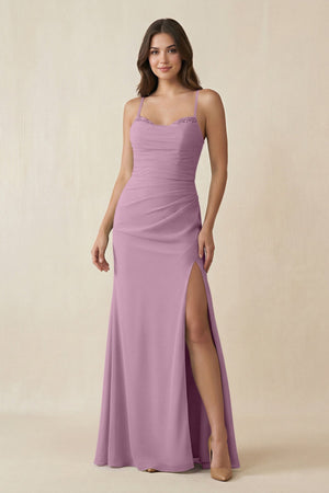 Cami Strap Sheath Chiffon Bridesmaid Dress with Slit in Wisteria - KissProm Bridesmaid Dresses
