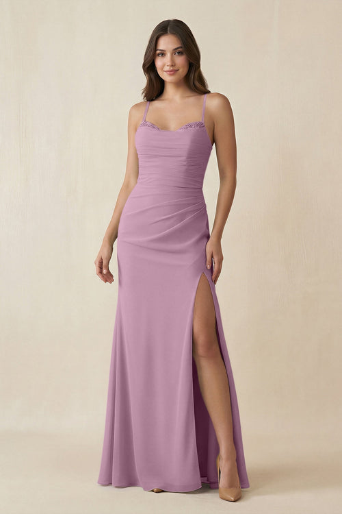 Cami Strap Sheath Chiffon Bridesmaid Dress with Slit in Wisteria - KissProm Bridesmaid Dresses