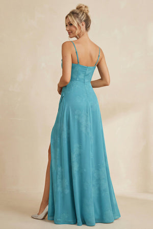 Cami Strap Sheath Floral Chiffon Bridesmaid Dress With Slit in Adriatic Blue - KissProm Bridesmaid Dresses