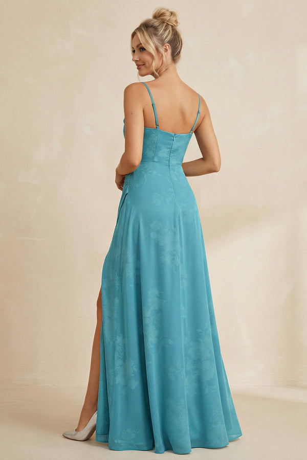 Cami Strap Sheath Floral Chiffon Bridesmaid Dress With Slit in Adriatic Blue - KissProm Bridesmaid Dresses