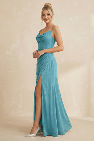Cami Strap Sheath Floral Chiffon Bridesmaid Dress With Slit in Adriatic Blue - KissProm Bridesmaid Dresses