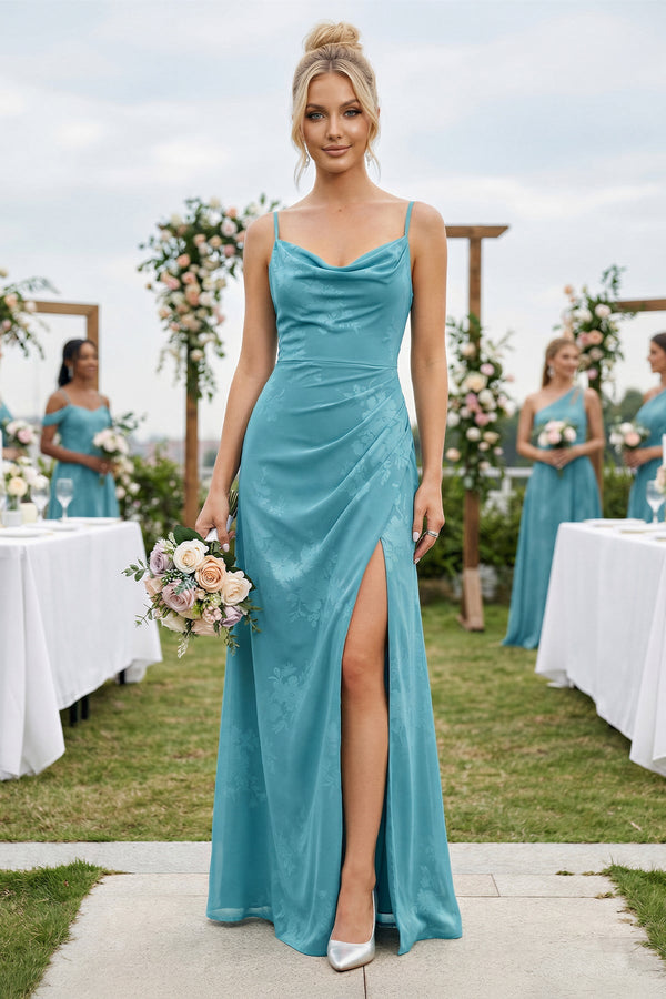 Cami Strap Sheath Floral Chiffon Bridesmaid Dress With Slit in Adriatic Blue - KissProm Bridesmaid Dresses