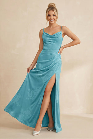 Cami Strap Sheath Floral Chiffon Bridesmaid Dress With Slit in Adriatic Blue - KissProm Bridesmaid Dresses