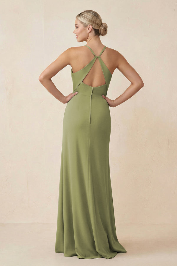 Cami Strap Sheath Ruched Bridesmaid Dress With Slit - KissProm Bridesmaid Dresses