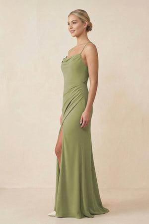 Cami Strap Sheath Ruched Bridesmaid Dress With Slit - KissProm Bridesmaid Dresses