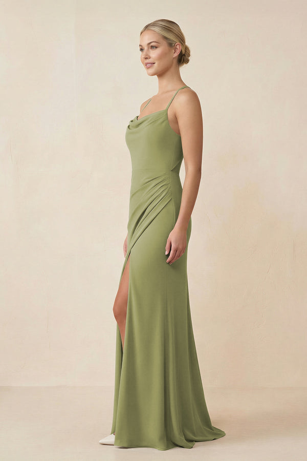 Cami Strap Sheath Ruched Bridesmaid Dress With Slit - KissProm Bridesmaid Dresses