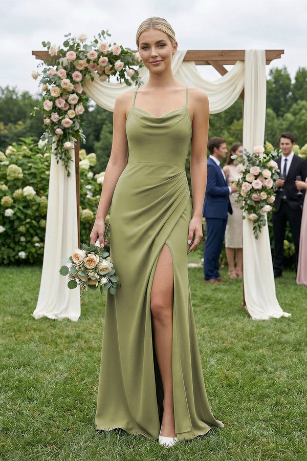 Cami Strap Sheath Ruched Bridesmaid Dress With Slit in Moss Green