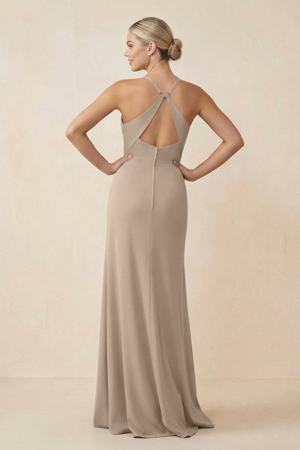 Cami Strap Sheath Ruched Bridesmaid Dress With Slit in Almond - KissProm Bridesmaid Dresses