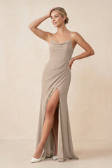 Cami Strap Sheath Ruched Bridesmaid Dress With Slit in Almond - KissProm Bridesmaid Dresses
