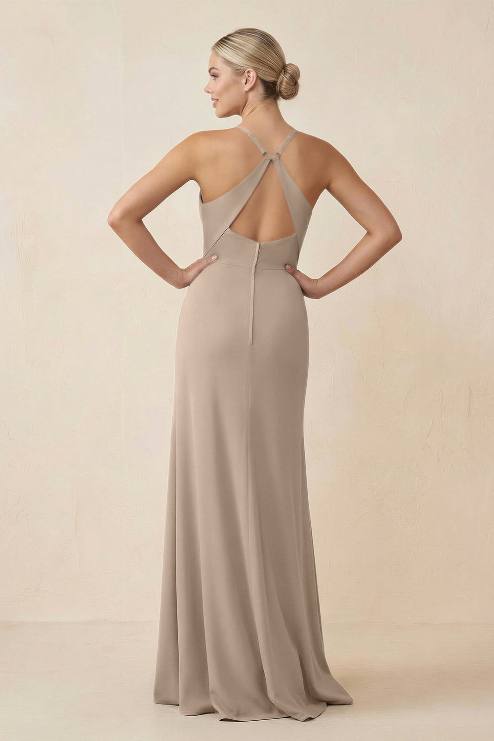 Cami Strap Sheath Ruched Bridesmaid Dress With Slit in Almond - KissProm Bridesmaid Dresses