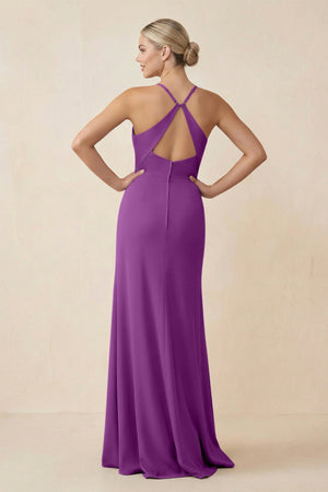 Cami Strap Sheath Ruched Bridesmaid Dress With Slit in Amethyst - KissProm Bridesmaid Dresses