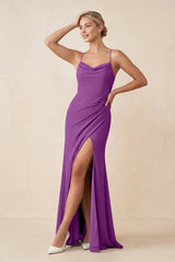 Cami Strap Sheath Ruched Bridesmaid Dress With Slit in Amethyst - KissProm Bridesmaid Dresses