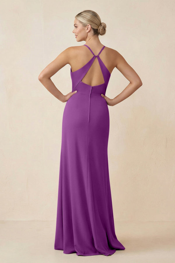 Cami Strap Sheath Ruched Bridesmaid Dress With Slit in Amethyst - KissProm Bridesmaid Dresses