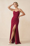 Cami Strap Sheath Ruched Bridesmaid Dress With Slit in Berry - KissProm Bridesmaid Dresses