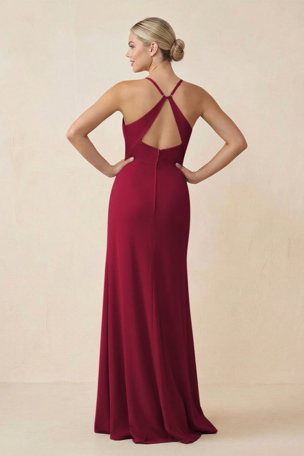 Cami Strap Sheath Ruched Bridesmaid Dress With Slit in Berry - KissProm Bridesmaid Dresses