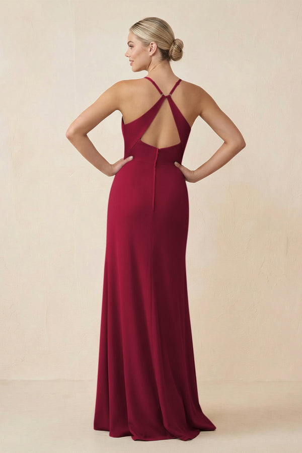 Cami Strap Sheath Ruched Bridesmaid Dress With Slit in Berry - KissProm Bridesmaid Dresses