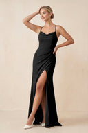 Cami Strap Sheath Ruched Bridesmaid Dress With Slit in Black - KissProm Bridesmaid Dresses