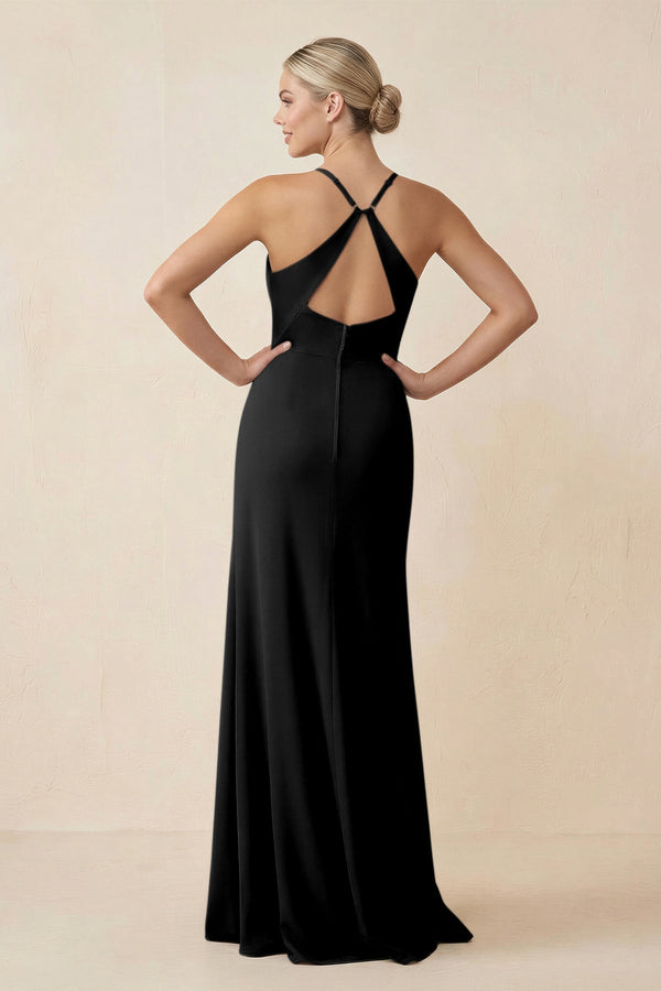 Cami Strap Sheath Ruched Bridesmaid Dress With Slit in Black - KissProm Bridesmaid Dresses