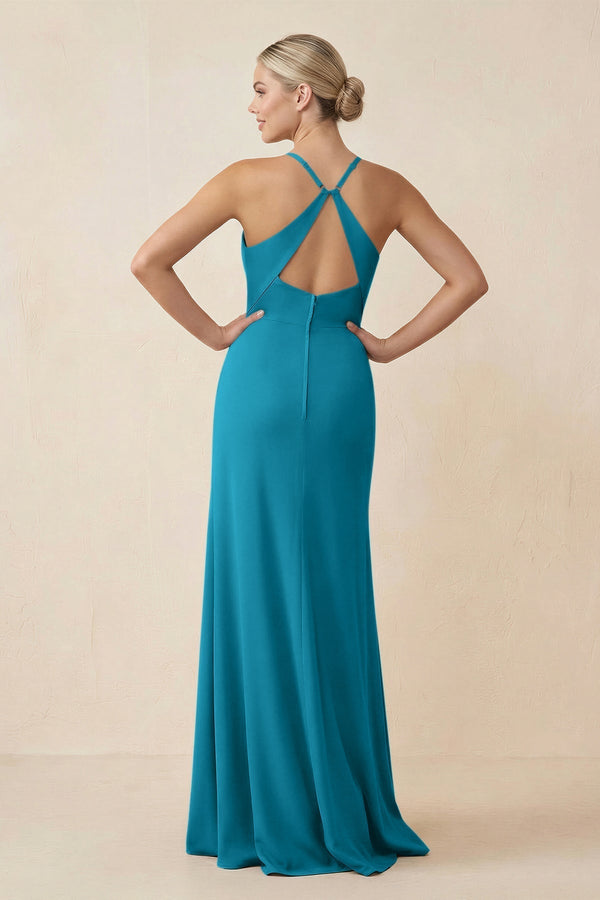 Cami Strap Sheath Ruched Bridesmaid Dress With Slit in Blue Jay - KissProm Bridesmaid Dresses