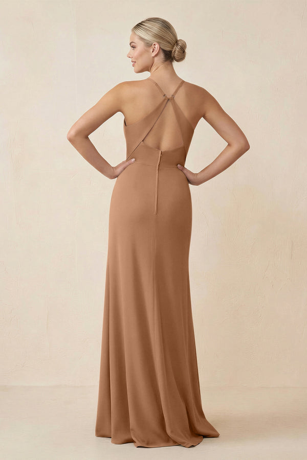 Cami Strap Sheath Ruched Bridesmaid Dress With Slit in Bronzer - KissProm Bridesmaid Dresses