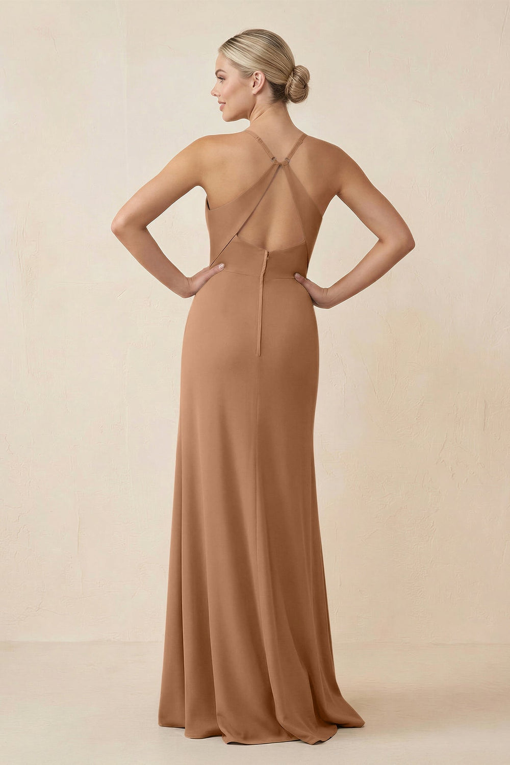 Cami Strap Sheath Ruched Bridesmaid Dress With Slit in Bronzer - KissProm Bridesmaid Dresses