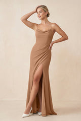 Cami Strap Sheath Ruched Bridesmaid Dress With Slit in Bronzer - KissProm Bridesmaid Dresses