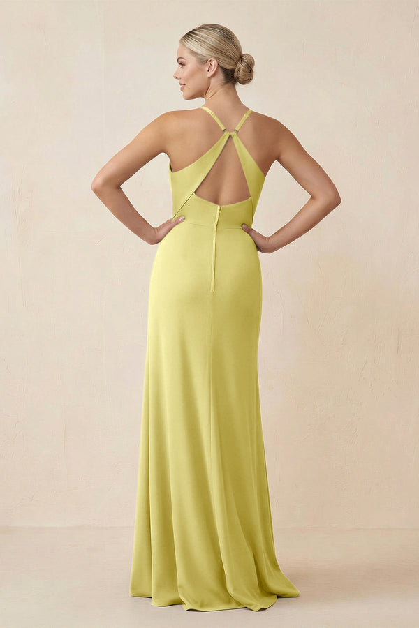 Cami Strap Sheath Ruched Bridesmaid Dress With Slit in Buttercup - KissProm Bridesmaid Dresses