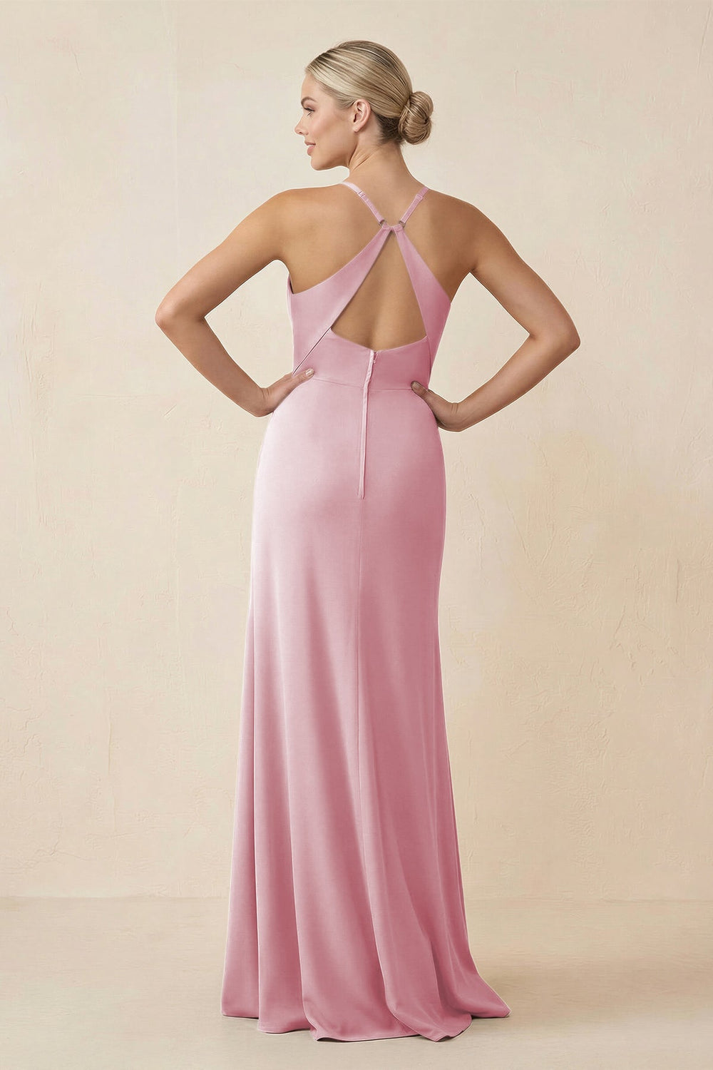 Cami Strap Sheath Ruched Bridesmaid Dress With Slit in Candy Pink - KissProm Bridesmaid Dresses