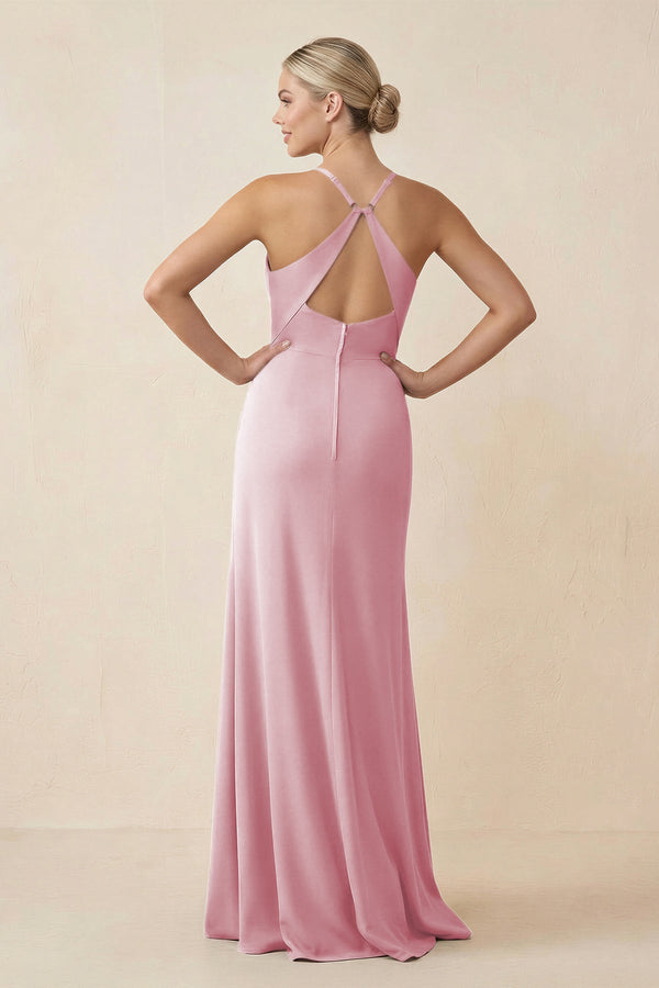 Cami Strap Sheath Ruched Bridesmaid Dress With Slit in Candy Pink - KissProm Bridesmaid Dresses