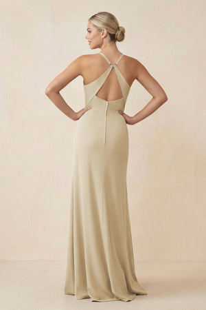 Cami Strap Sheath Ruched Bridesmaid Dress With Slit in Champagne - KissProm Bridesmaid Dresses