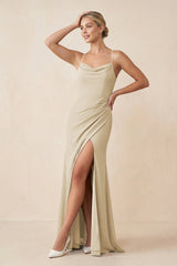 Cami Strap Sheath Ruched Bridesmaid Dress With Slit in Champagne - KissProm Bridesmaid Dresses