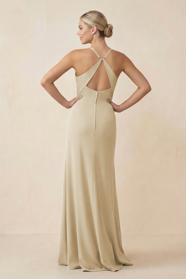 Cami Strap Sheath Ruched Bridesmaid Dress With Slit in Champagne - KissProm Bridesmaid Dresses