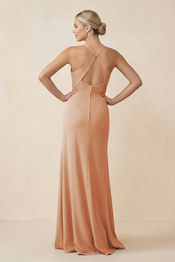 Cami Strap Sheath Ruched Bridesmaid Dress With Slit in Champagne Rose - KissProm Bridesmaid Dresses