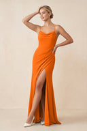 Cami Strap Sheath Ruched Bridesmaid Dress With Slit in Cinnamon - KissProm Bridesmaid Dresses