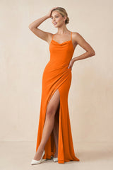 Cami Strap Sheath Ruched Bridesmaid Dress With Slit in Cinnamon - KissProm Bridesmaid Dresses