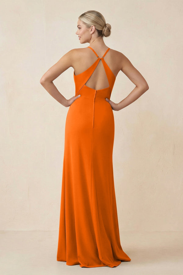 Cami Strap Sheath Ruched Bridesmaid Dress With Slit in Cinnamon - KissProm Bridesmaid Dresses