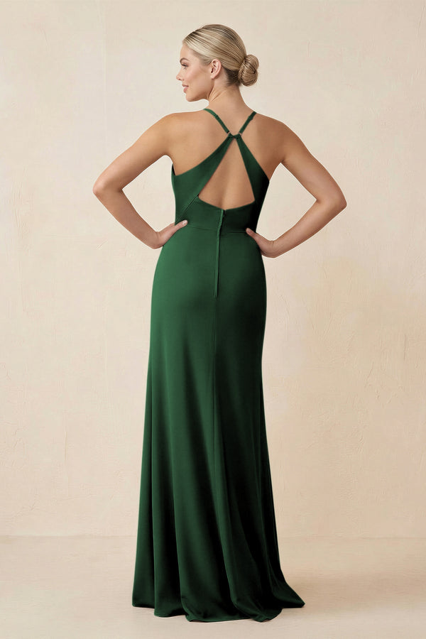 Cami Strap Sheath Ruched Bridesmaid Dress With Slit in Dark Green - KissProm Bridesmaid Dresses