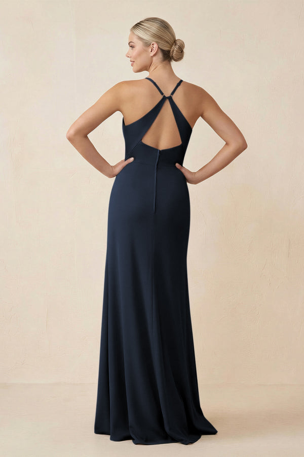 Cami Strap Sheath Ruched Bridesmaid Dress With Slit in Dark Navy - KissProm Bridesmaid Dresses