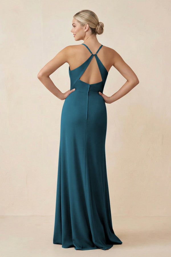 Cami Strap Sheath Ruched Bridesmaid Dress With Slit in Dark Teal - KissProm Bridesmaid Dresses