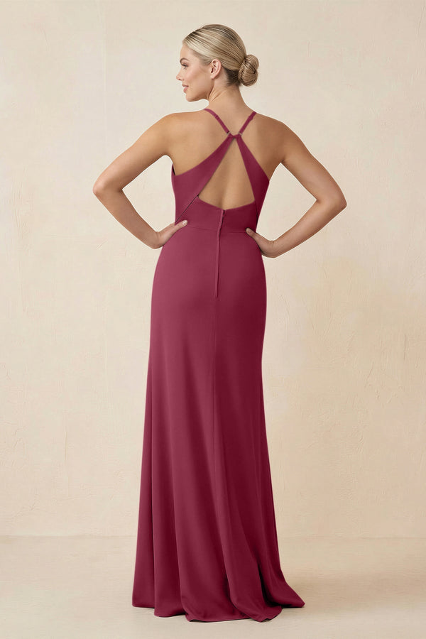 Cami Strap Sheath Ruched Bridesmaid Dress With Slit in Desert Rose - KissProm Bridesmaid Dresses