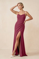 Cami Strap Sheath Ruched Bridesmaid Dress With Slit in Desert Rose - KissProm Bridesmaid Dresses