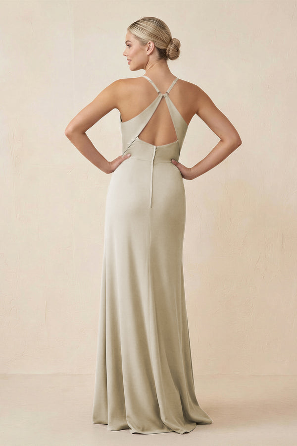 Cami Strap Sheath Ruched Bridesmaid Dress With Slit in Dove Gray - KissProm Bridesmaid Dresses